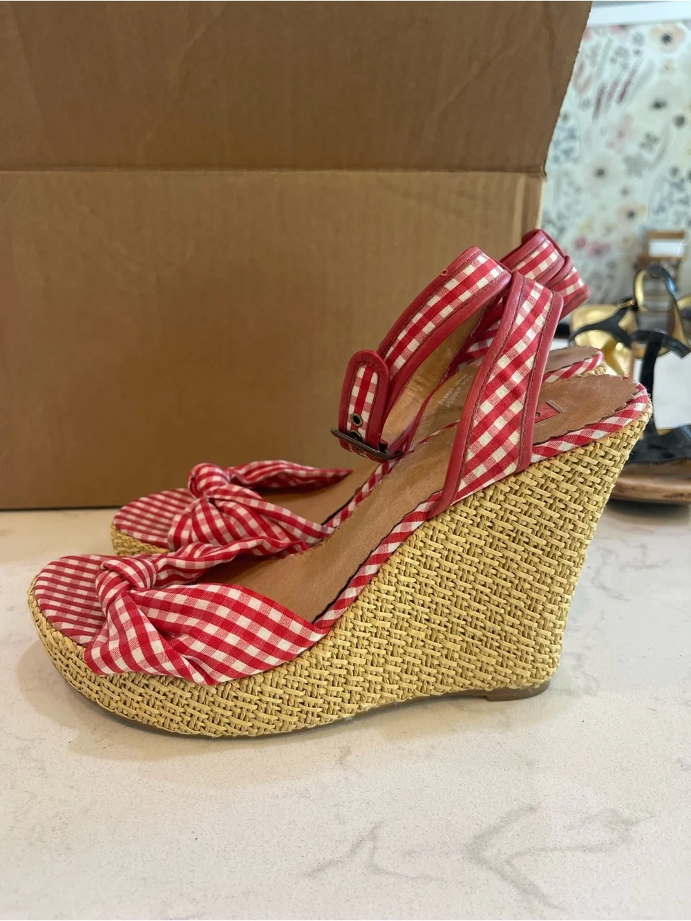 Red Gingham Ankle-Strap Wedge Sandals with Knot Accent